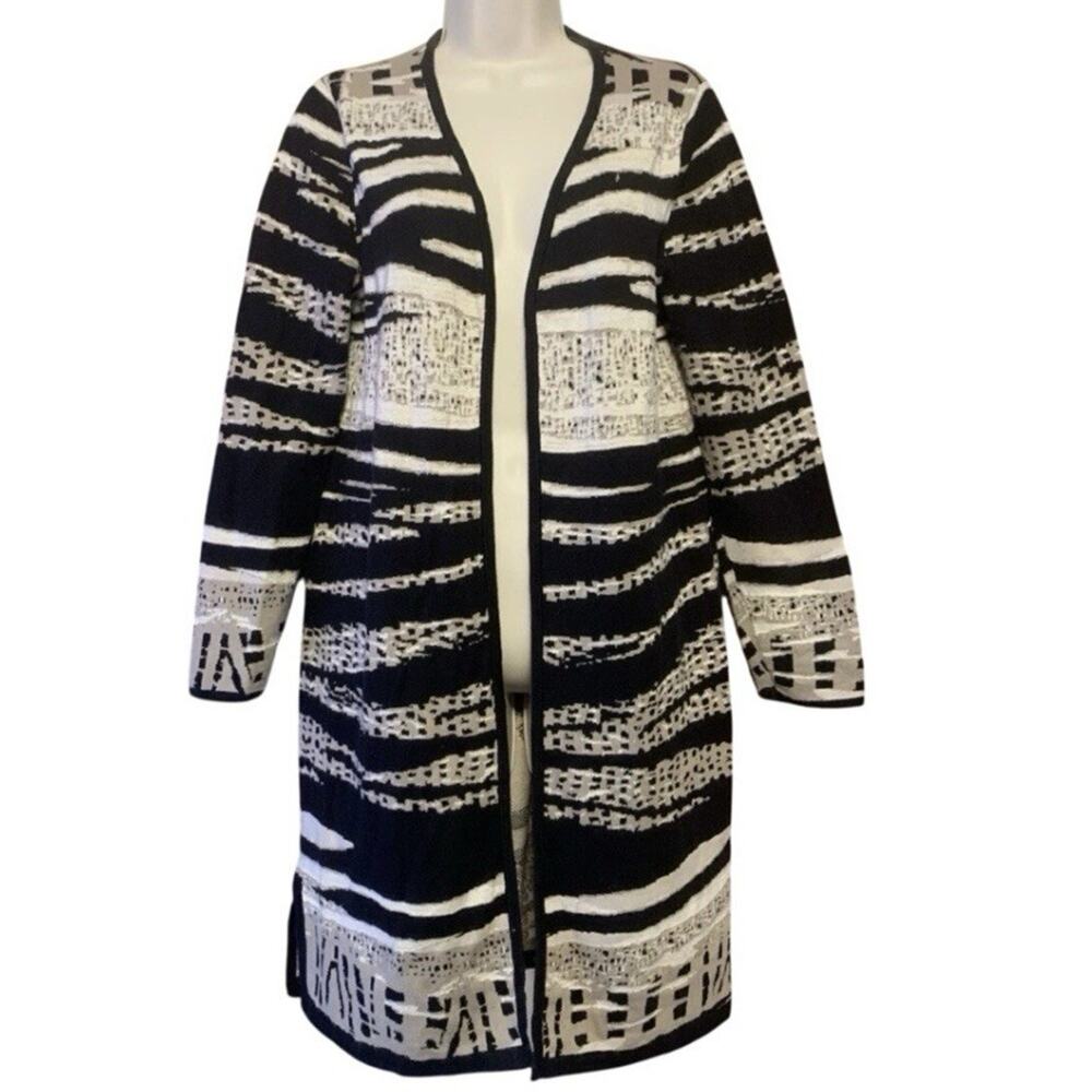 Chico’s Duster Cardigan Sweater Abstract Tribal Jacquard Black Cream Open Medium